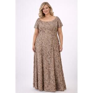 Alex Evenings Taupe Rosette Sequin Lace Short Sleeve Gown Size 18 Plus